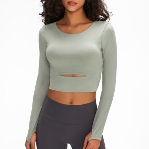 Partihandel Mode Gym Grundläggande design Kvinnor Sexiga Front Cut Out Crop Tops Långärmade Yoga T-shirts