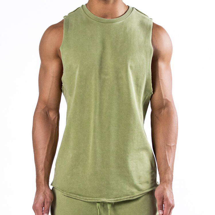 OEM High Quality French Terry Cotton Cut Off Men Custom Plain Fitness Workout Tank Tops detail pictures
