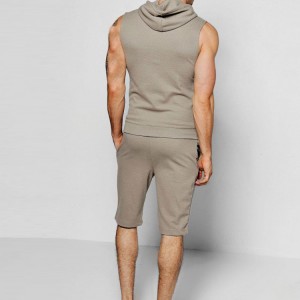 OEM 여름 달리기 남성 스포츠 착용 주문 로고 남자 민소매 두건이 있는 와플 반바지 운동복 세트