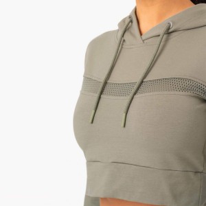 Terlaris Pakaian Olahraga Katun Poliester Kustom Ladies Mesh Panel Crop Hoodies Sweatshirt Untuk Wanita