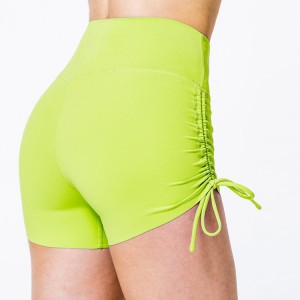 Harga Pabrik Grosir Naik Tinggi Peregangan Empat Arah Sisi Ruched String Wanita Yoga Gym Shorts yang Dapat Disesuaikan