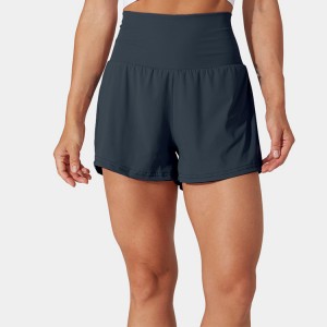 OEM Lag luam wholesale Polyester Breathable Waistband Pocket 2 hauv 1 Yoga Gym Shorts Rau Cov Poj Niam