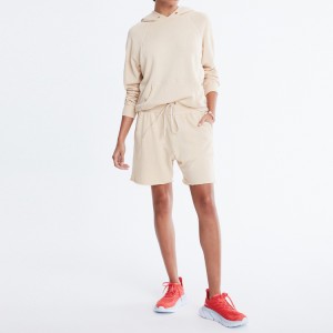 Best verkopende mode tweedelige set aangepast logo vrouwen vlakte workout hoodie shorts trainingspak set