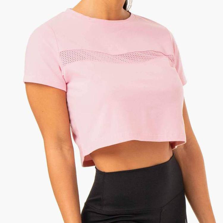 Fabricante de chándales de prezos baratos en China - Panel de malla OEM de alta calidade Roupa de ioga para ximnasia Top corto de manga curta Camisetas rosas lisas para mulleres - AIKA