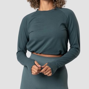 Kina Fabrik OEM Højkvalitets brugerdefineret snørebund for kvinder Plain Crop Top Langærmede Gym T-shirts med hul til tommelfinger