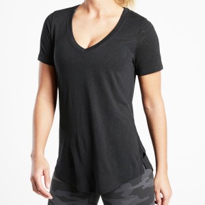 उच्च गुणस्तरको कसरत स्कूप हेम वी नेक प्लेन जिम टी शर्टहरू महिलाहरूको लागि कस्टम प्रिन्टिङ