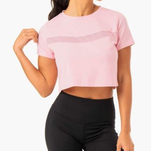 Högkvalitativ OEM Mesh Panel Yoga Gym Kläder Kortärmad Crop Top Vanliga Rosa T-shirts för kvinnor