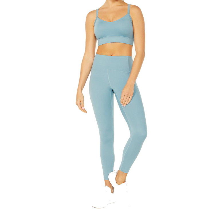 Veleprodajni atletski komplet za fitnes po meri, dvodelna ženska obleka za jogo z naramnicami in žepi, predstavljena slika