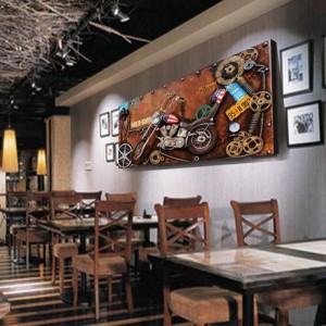 Seni besi retro lukisan kepingan besi tiga dimensi hiasan dinding restoran bar motosikal