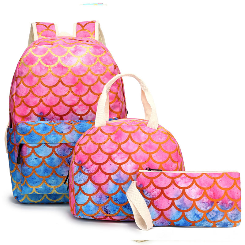 Mermaid School Bag na May Lunch Tote Bag at Pencil Case 3pcs
