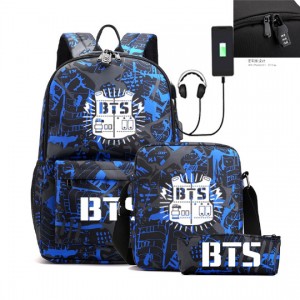 BTS Backpack USB Charging Student School Bag Shoulder Bag පැන්සල් බෑගය කෑලි තුනක කට්ටලය ZSL191