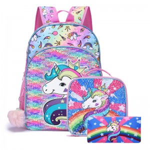 Unicorn Three Piece Schoolbag ສໍາລັບເດັກຍິງໂຮງຮຽນປະຖົມແລະມັດທະຍົມ