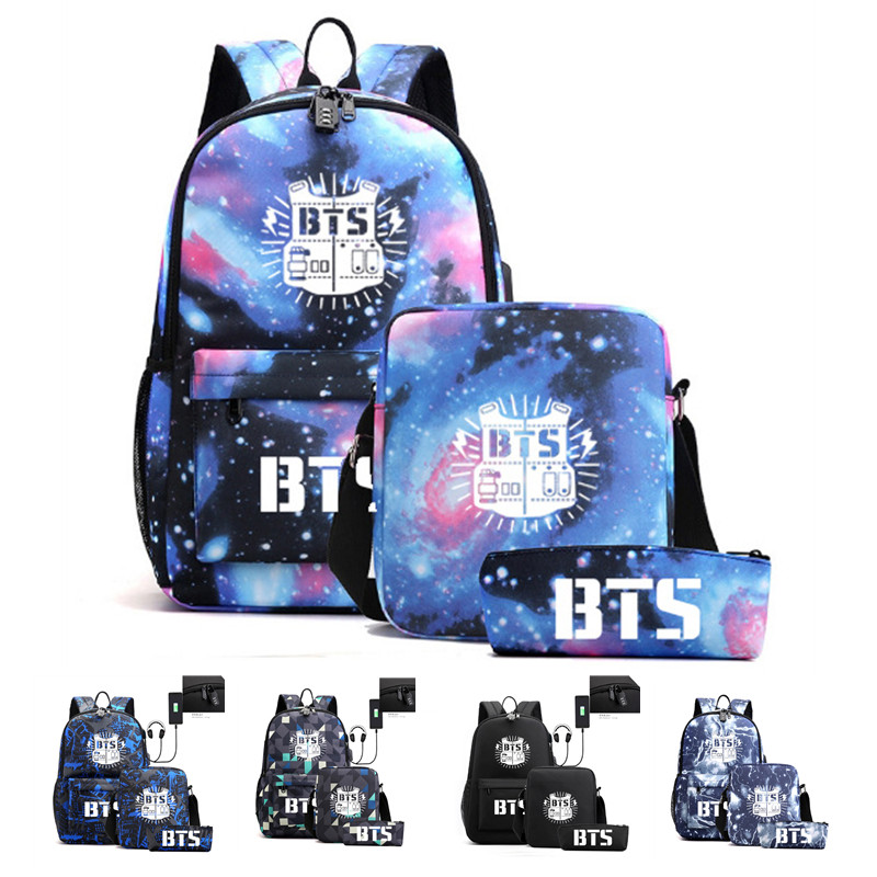 BTS Backpack USB Charging Student School Bag Shoulder Bag පැන්සල් බෑගය කෑලි තුනක කට්ටලය ZSL191