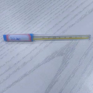 Medical glass mercury thermometer shows normal temperature on a white background