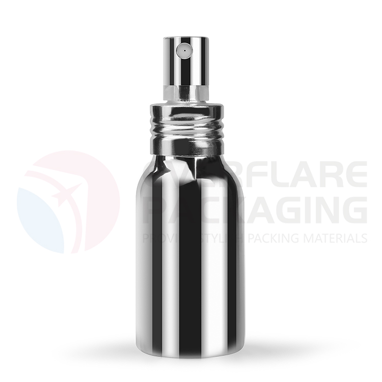 50 ml vakuumsko metalizirana aluminijasta steklenička s pršilom s sijočim srebrnim razpršilcem s črpalko Predstavljena slika