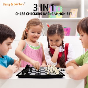 Xogo de xadrez de viaxe 3 en 1 con taboleiro de xadrez plegable Xoguetes educativos para nenos e adultos 15,3″