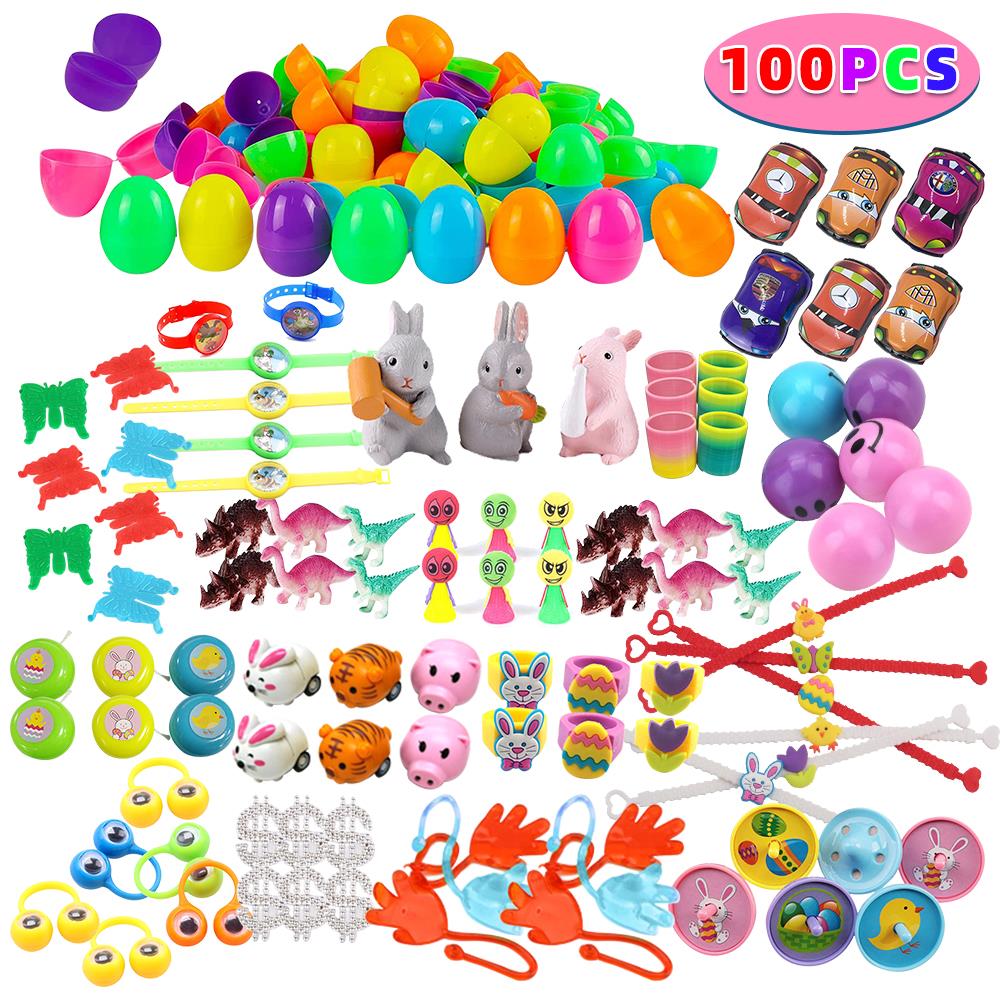 100PC Prefilled Easter Basket Stuffers Eggs Toys Party Favor Set Goodies
