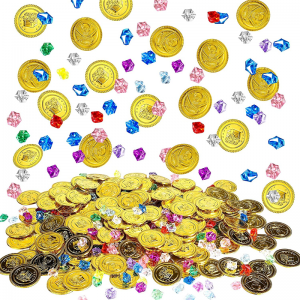 100 piezas de monedas de oro pirata y 100 piezas de joyas de gemas, juguetes del tesoro, decoraciones para fiestas