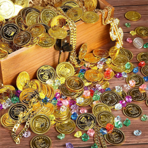 100 pezas de moedas de ouro piratas e 100 pezas de xoias de xemas, xoguetes de tesouros, decoración de festas