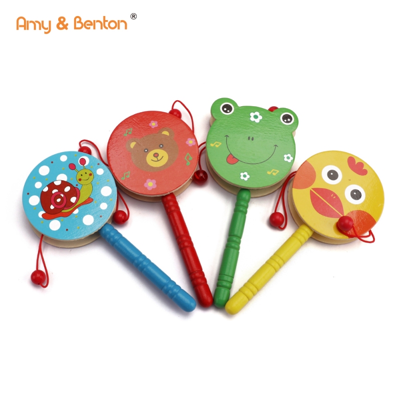 Kayu rattle drum Toys kartun sato orok rattle kaulinan musik pikeun kids preschool