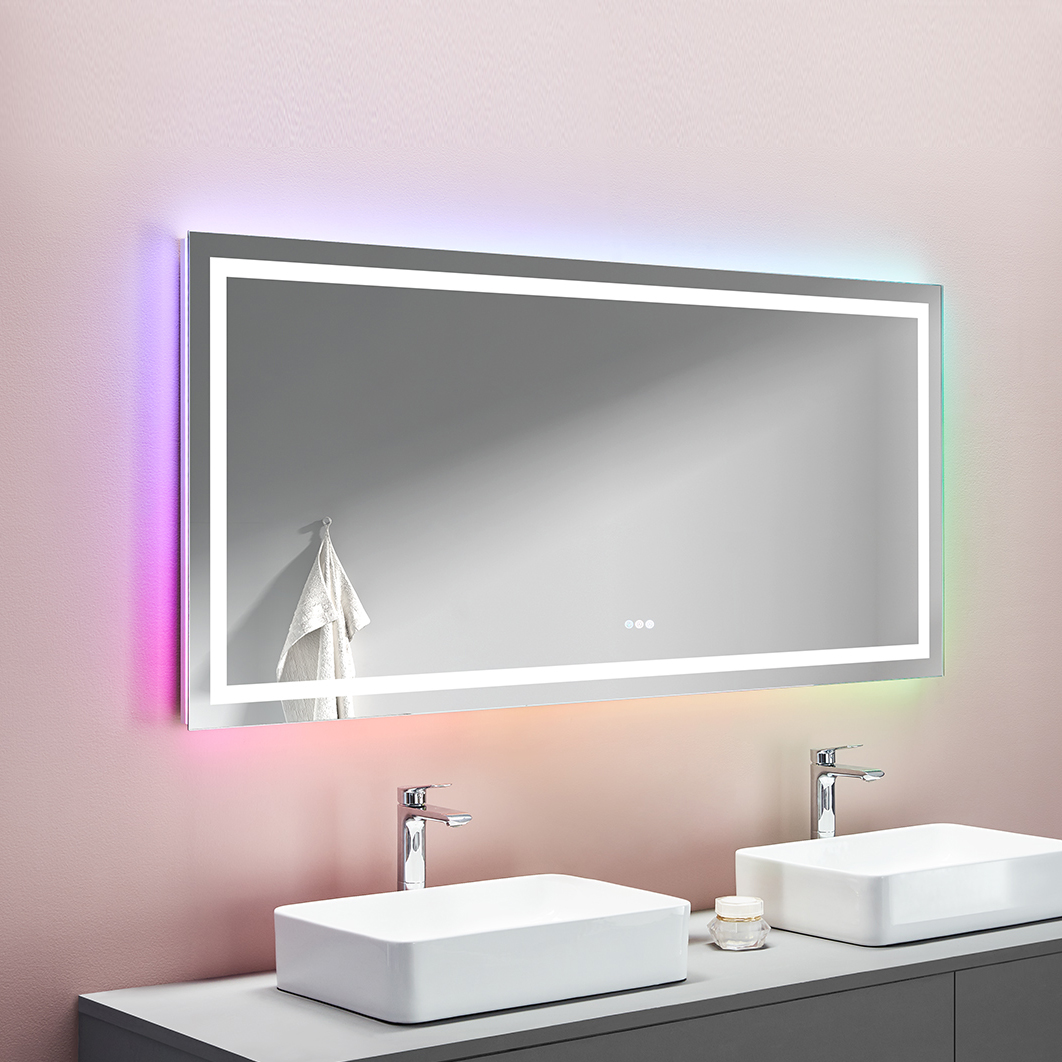 Vannas istabas RGB krāsu maiņas bezrāmju Bluetooth viedais spogulis