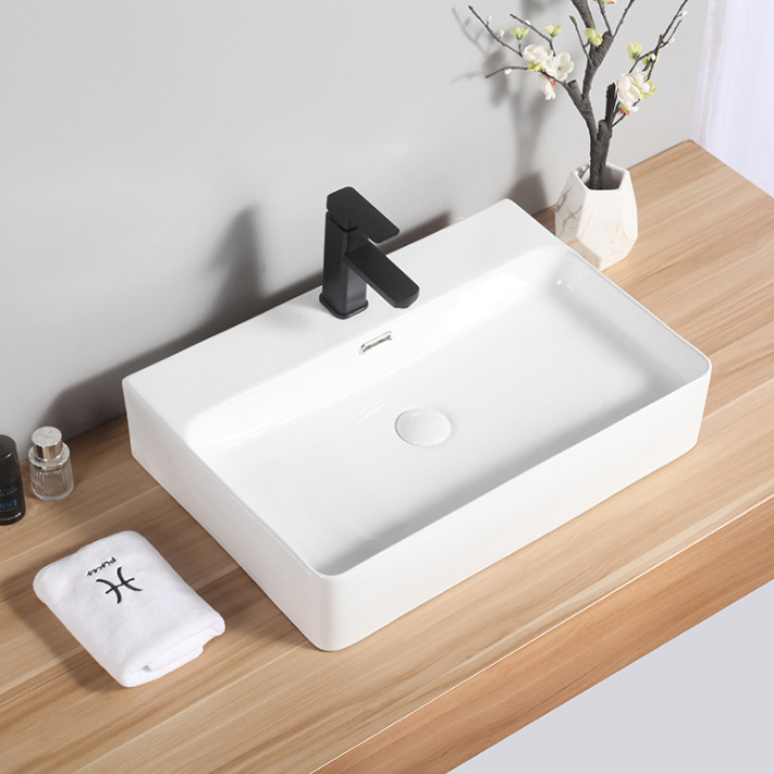 Современная глянцевая белая керамическая прямоугольная раковина для ванной комнаты с переливом