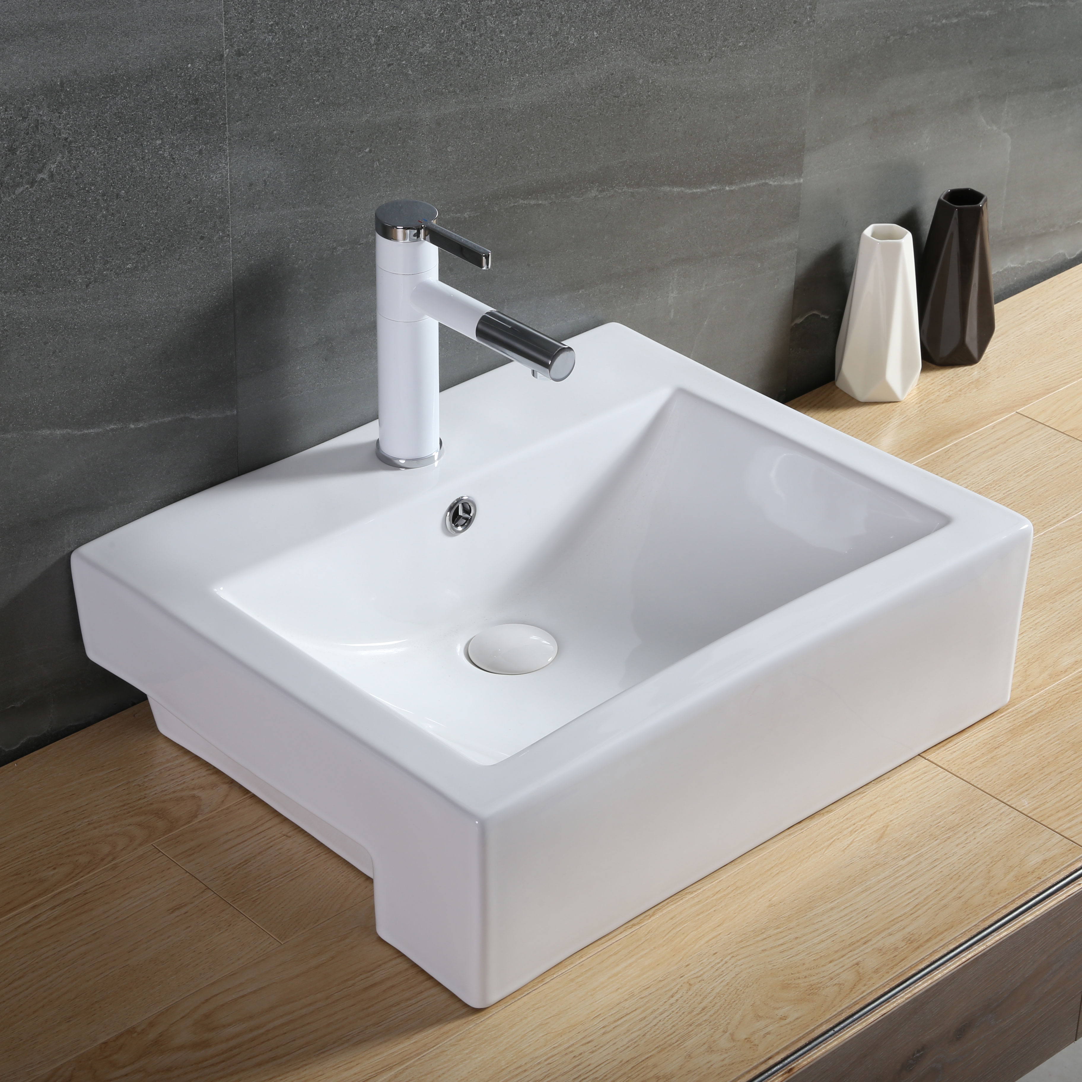ອ່າງຊັກຜ້າສຸຂາພິບານ Semi Recessed Lavatory Basin With Faucet Hole Ceramic Sink