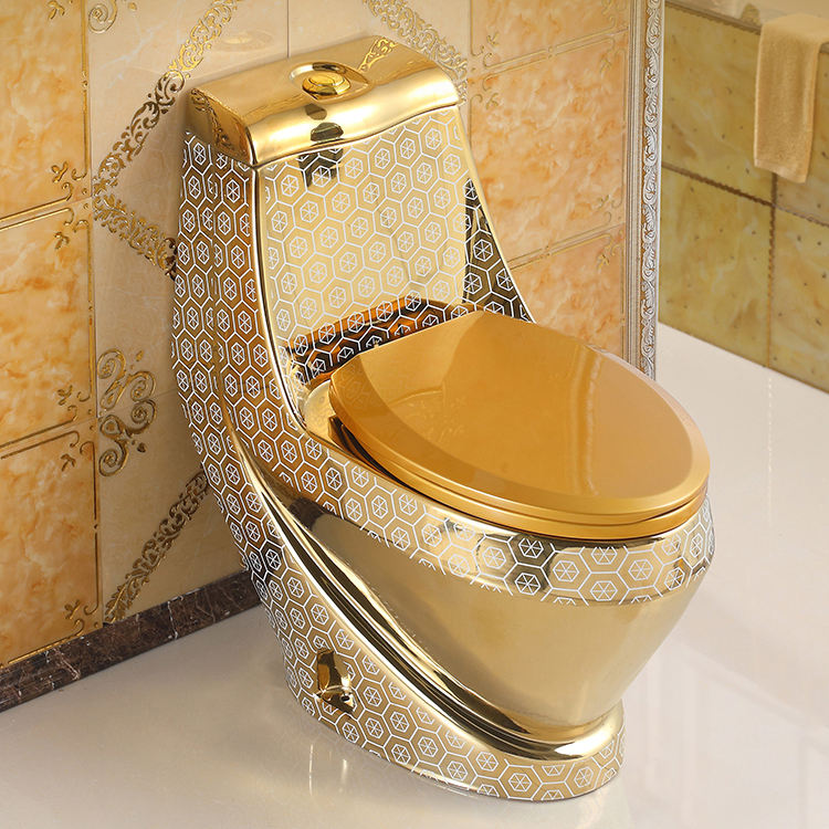 Conjunto de vaso sanitário e pia de pedestal com revestimento cerâmico de uma peça em cor dourada