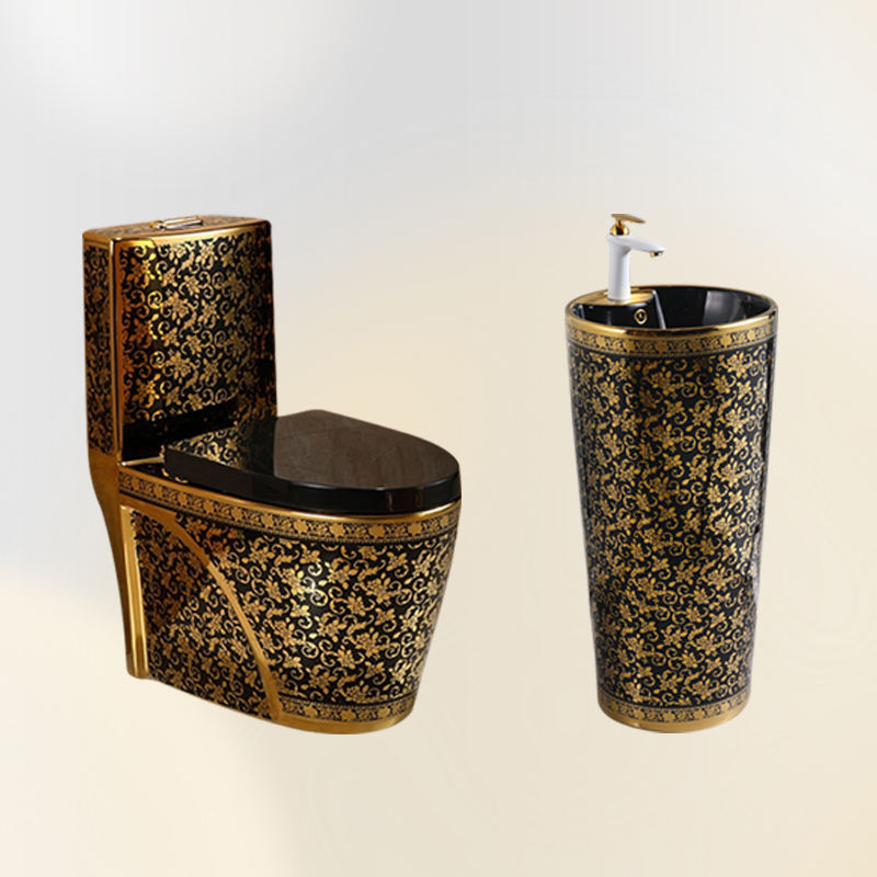Conjunto de vaso sanitário e bacia de cerâmica galvanizada ouro de uma peça