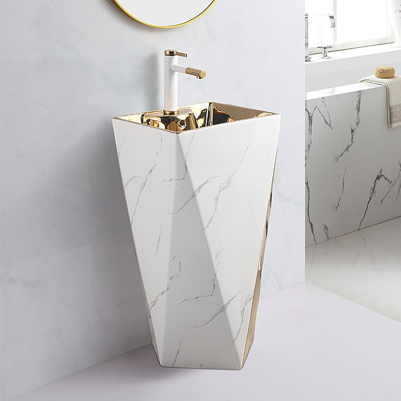 Diamond White Gold Basin Electroplated Gold Pedestal Art Basin Luxury Freestanding Sink Banyo Lavabo Columna