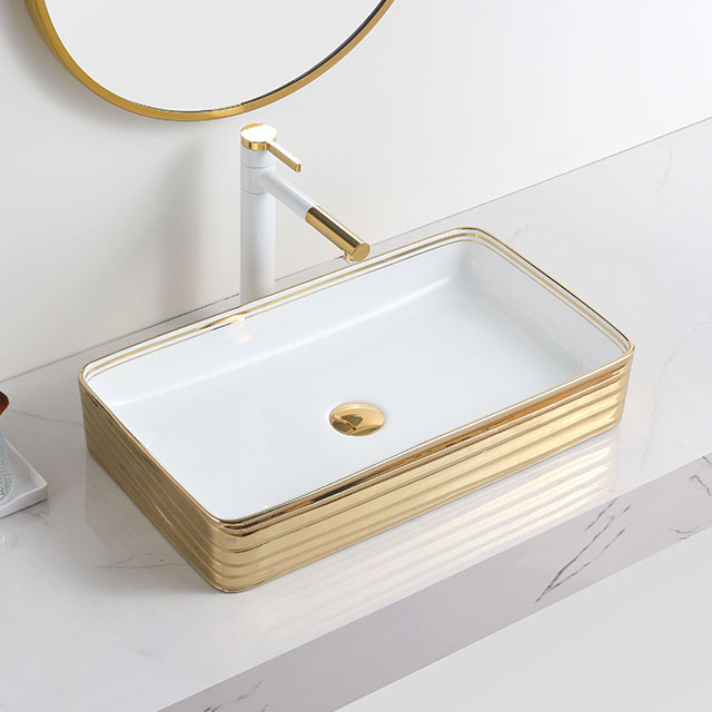 Reljefs baltā zelta galda virsmas izlietnes vannas istabas trauka izlietne zelta mala Lavabo Modernos Dorado