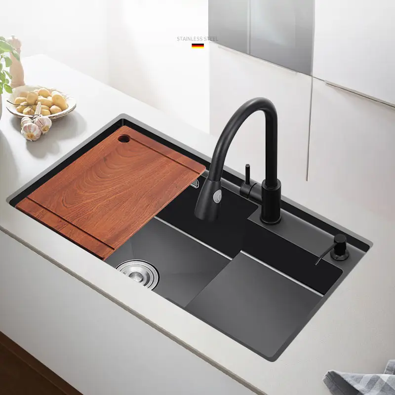 Nano svart dobbel skål Håndlaget kjøkkenvask 304 rustfritt stål undermontert vask