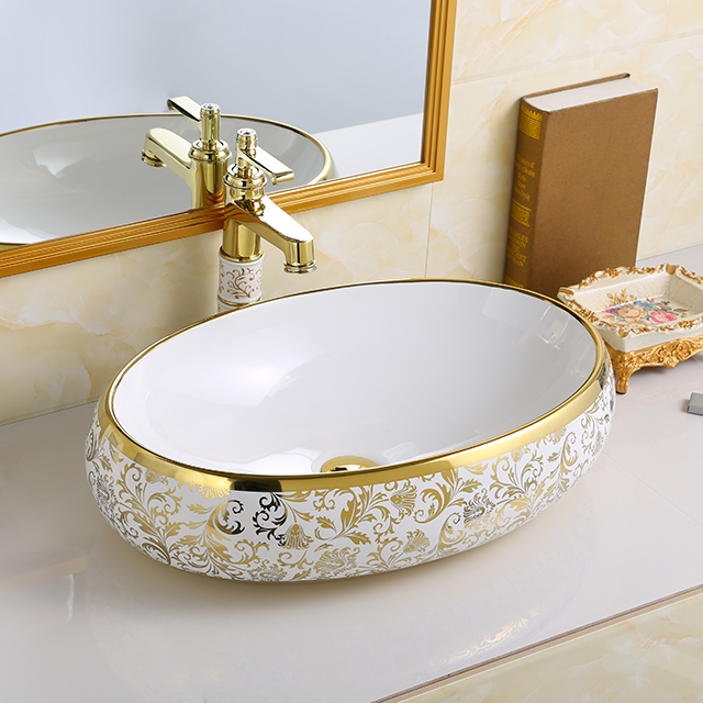 Banyo Lavabo Wastafel Kamar Mandi Gold Luxury Hotel Vanity Art Wash Basin Countertop Sink