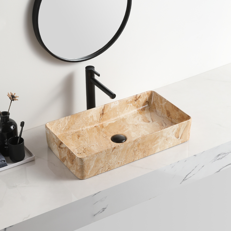 Lavabo de bancada retangular marmorizado OEM lavatório de uso fashion pia de banheiro