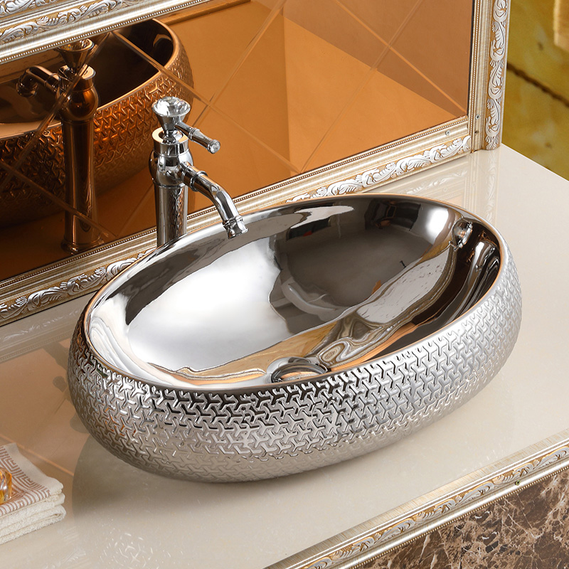 Unikt design håndvask umywalka embrased tekstur counterp kunst håndvask keramisk sølvfarvet skål håndvask