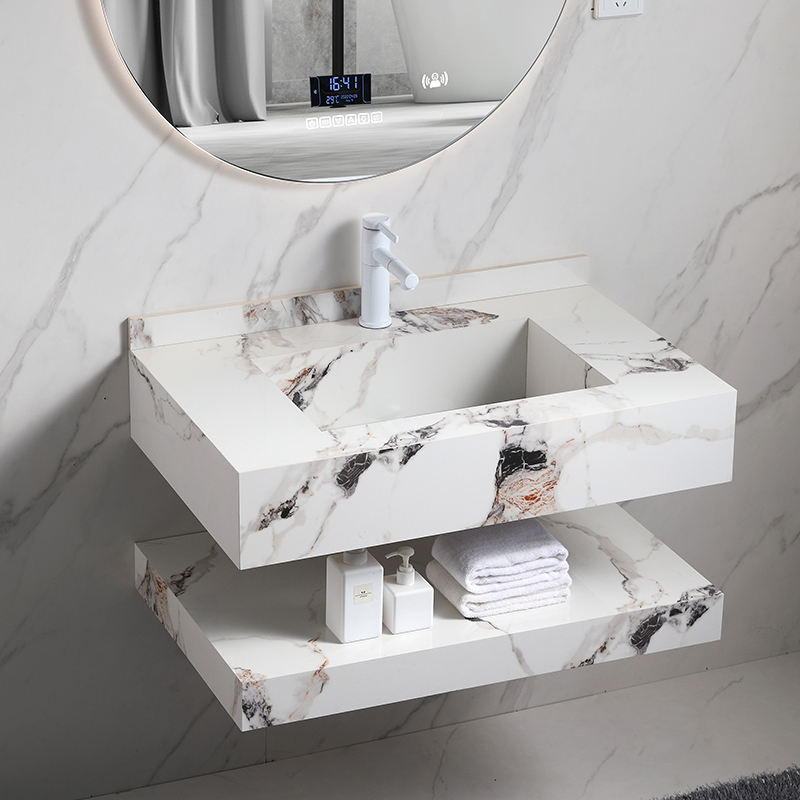 Bathroom Wall Hung Double Layer Rock Slab Marbled Porcelain Solid Surface Cabinet