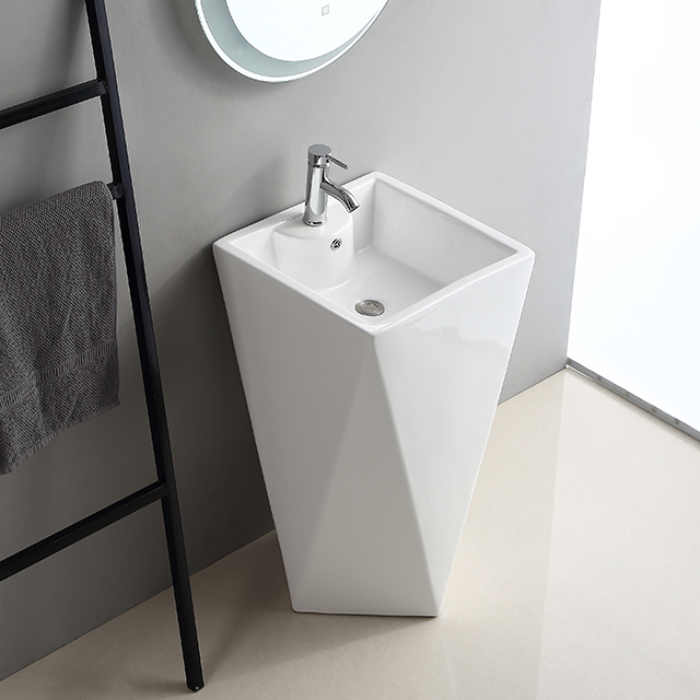 Hotêl Diamond Bathroom Lavabok Sanitary Ware One Piece Seramîk Pedestal Wash Basin