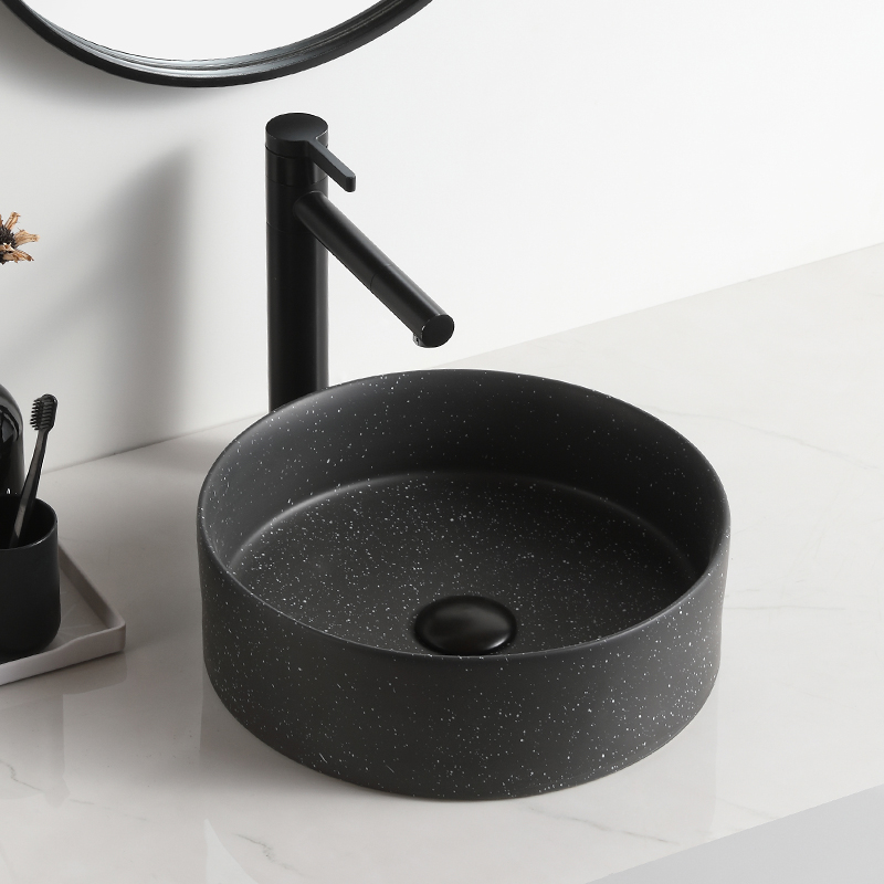 Круглый черный сосуд с мелкими точками для мытья ванной комнаты, керамическая раковина, столешница с раковиной