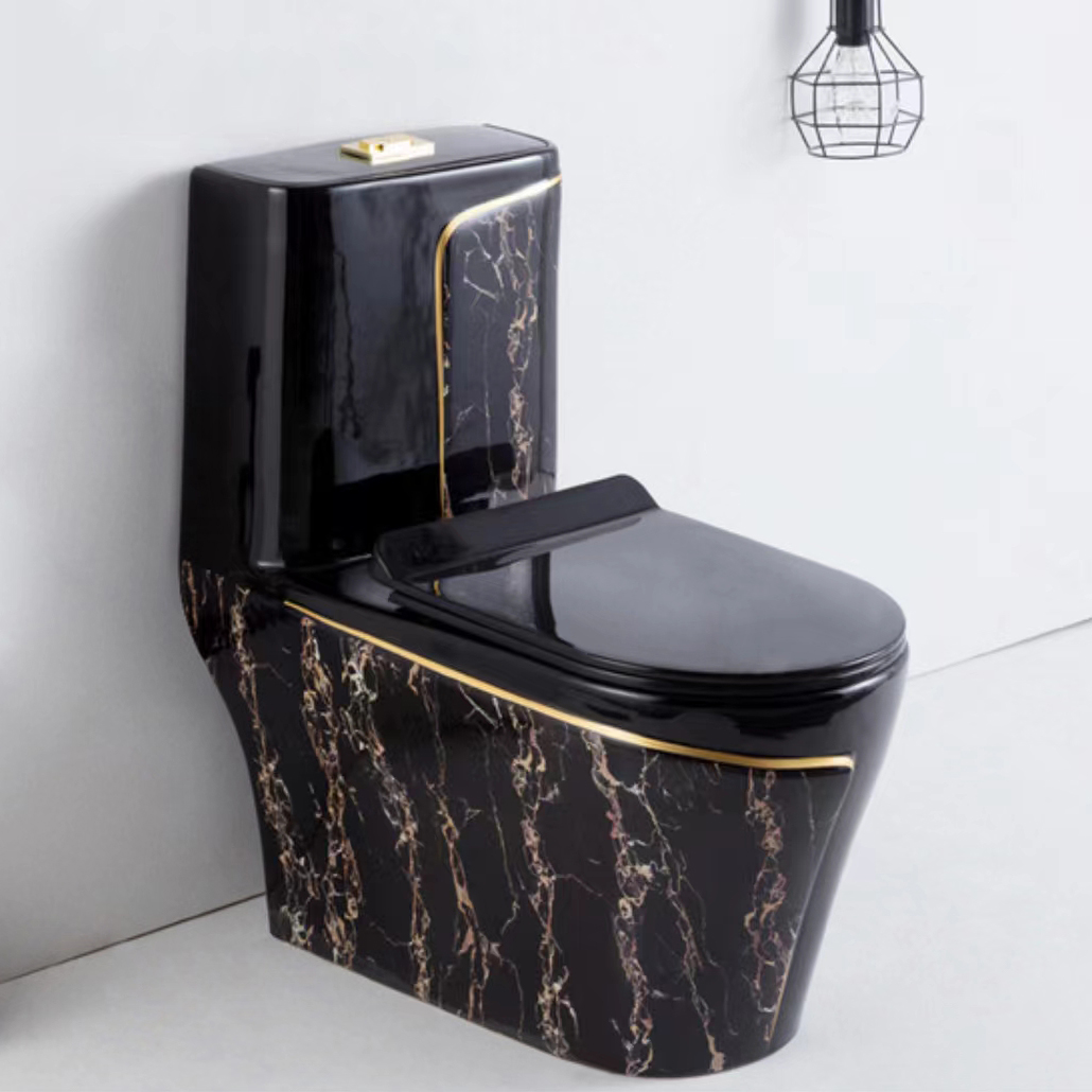 Ilma Closet Ċeramika Banju WC Toilet Sink Set Biċċa waħda Iswed Gold Toilet Bowl Combo