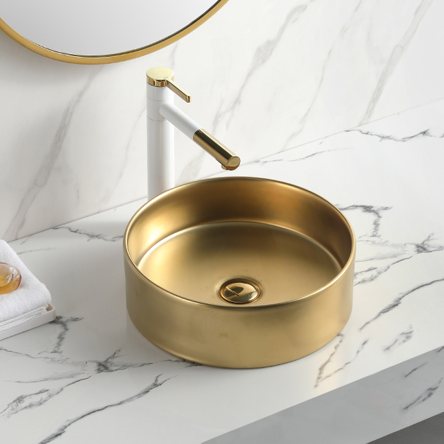 High Quality chau lavabo customizable logo Round Ceramic Art Gold Basin Porcelain Vessel Sink Bathroom Countertop Golden Sink