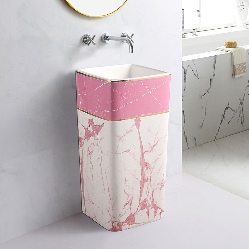 Prabangus šiuolaikiškas rožinis pjedestalinis kriauklės praustuvas kvadratinis spalvotas vonios kambarys, keramikinė stovi kriauklė