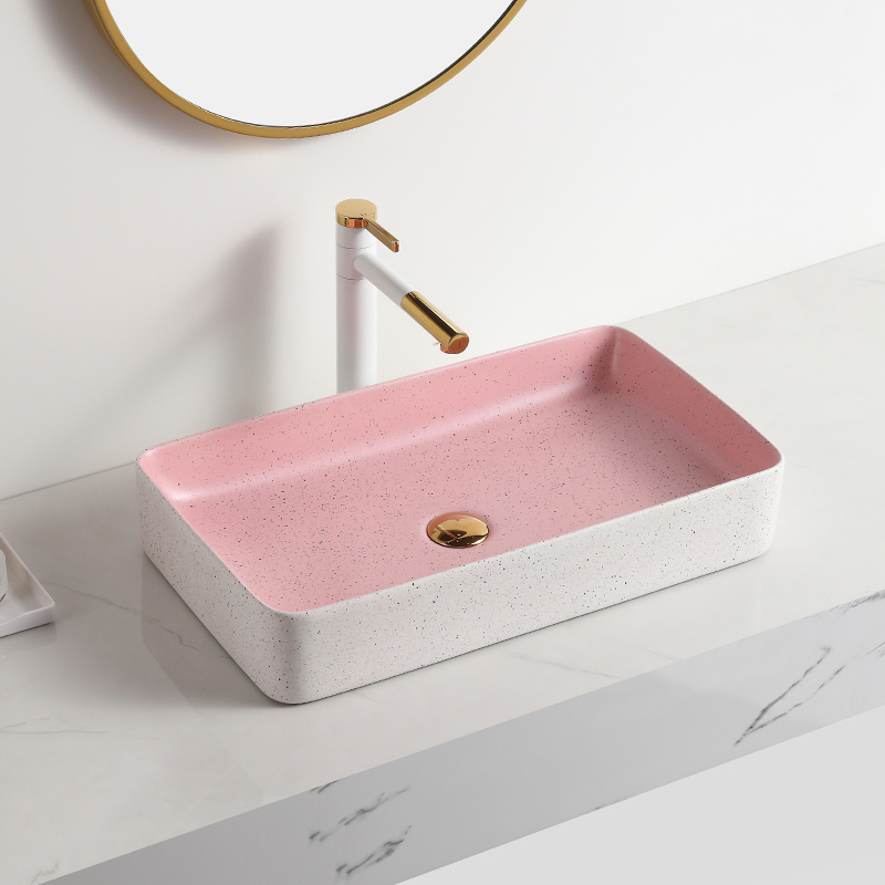 Baño de cerámica de arte moderno, lavabo de mármol rosa y blanco, lavabo sobre encimera