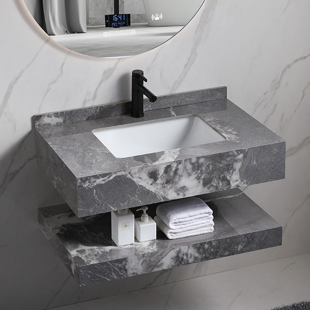 Armário de banheiro flutuante moderno em pedra de mármore com parede dupla