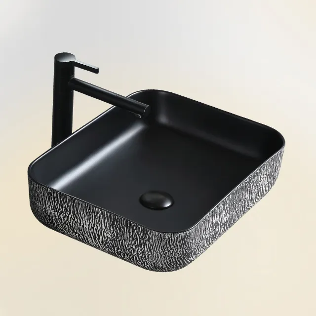 Prostokątna umywalka w kolorze matowej czarnej łazienki