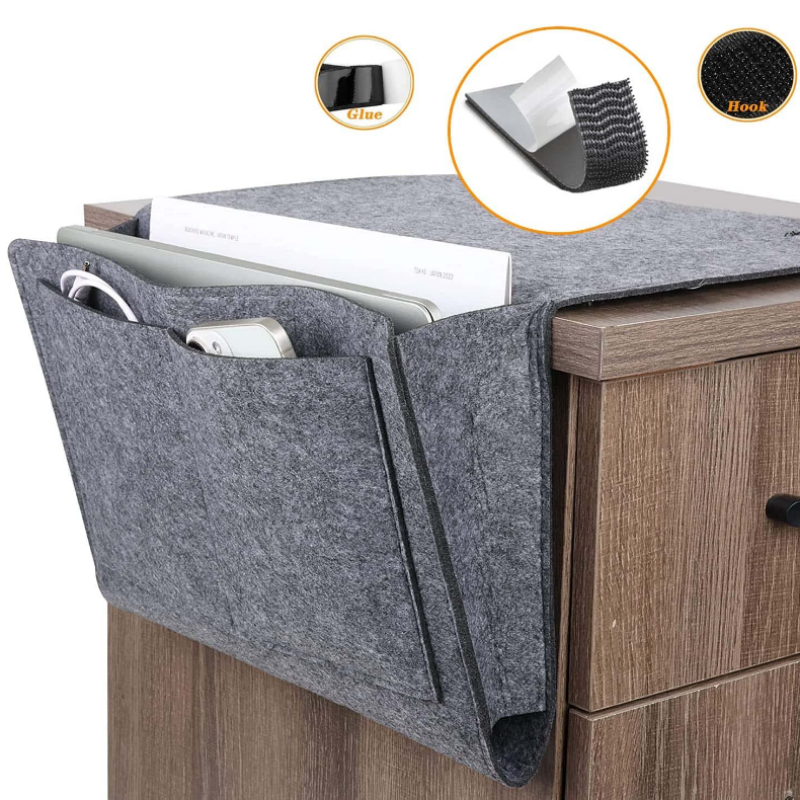 Filt ved sengen Caddy |Hengeposeholder med 3 lommer Oppbevaringsorganisering (mørk grå)