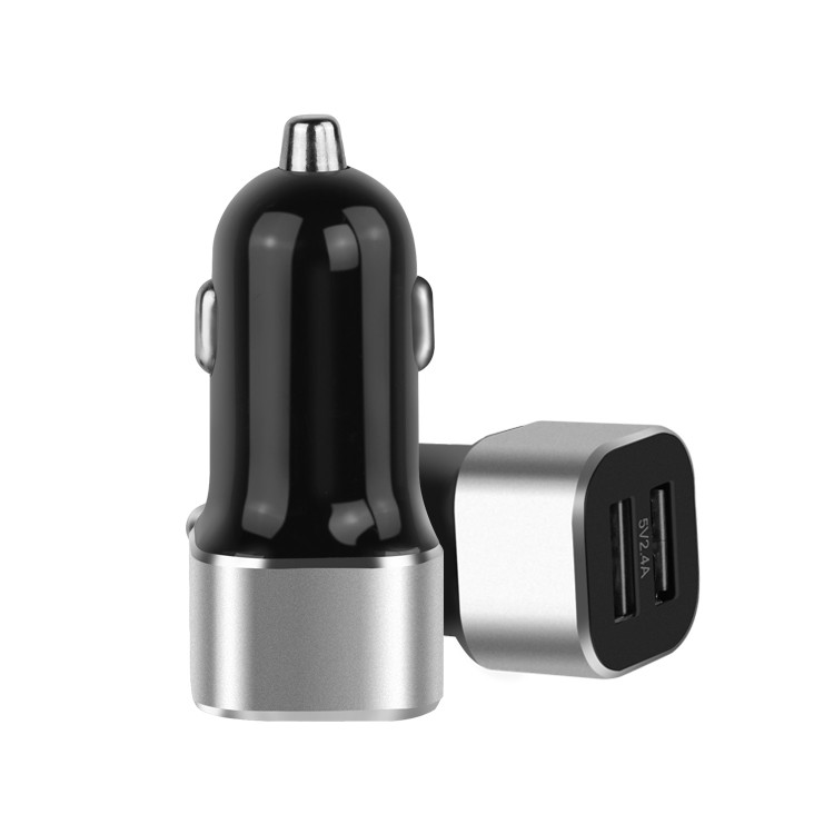Duobla Haveno USB Aŭta Ŝargilo 5V 2.4A Aluminia Alojo Rapida Ŝarĝa Telefona Ŝargilo