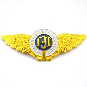 Shembull pa pagesë me shumicë në Kinë Bëni logon tuaj me porosi metalike prej bronzi me ari, duke i veshur krahët e pilotit distinktiv