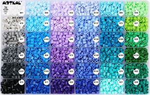 កញ្ចប់អង្កាំ Artkal Fuse 72 Colors 11,600pcs Melting Beads Kit Compatible Perler Beads Hama Beads, Fusion Beads Kit with 5 ironing paper in a grid box.