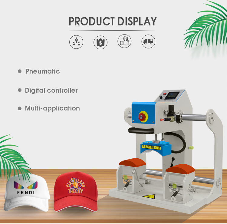 DIY Cap Hat ද්විත්ව ස්ථාන Sublimation Pneumatic Heat Press Machine