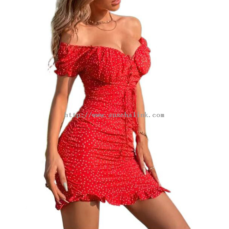 Červené Puntíkované mini sexy šaty mimo ramena